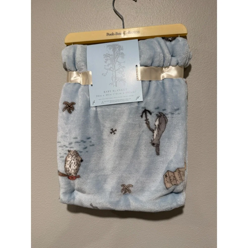 Disney Winnie the Pooh Bear Collection Blue Nautical Baby Blanket 30x40 Fleece